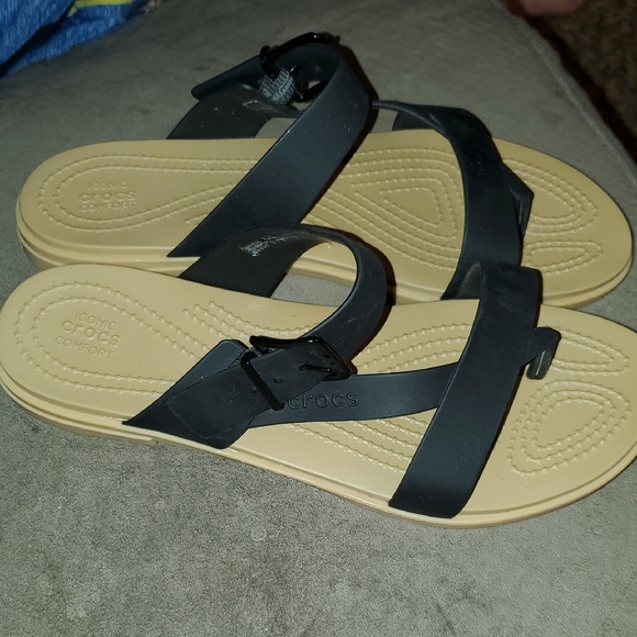 CROCS Black Strappy Sandals with Tan Sole - Picture 2 of 4
